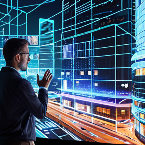 Home 11 **
A futuristic cityscape with glowing data streams overlaid on buildings, representing data-driven decision-making in local finance. People interact with holographic displays showing real-time analytics. The scene emphasizes technology and informed choices for urban development.
**