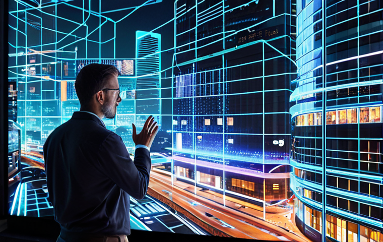 **
A futuristic cityscape with glowing data streams overlaid on buildings, representing data-driven decision-making in local finance. People interact with holographic displays showing real-time analytics. The scene emphasizes technology and informed choices for urban development.
**