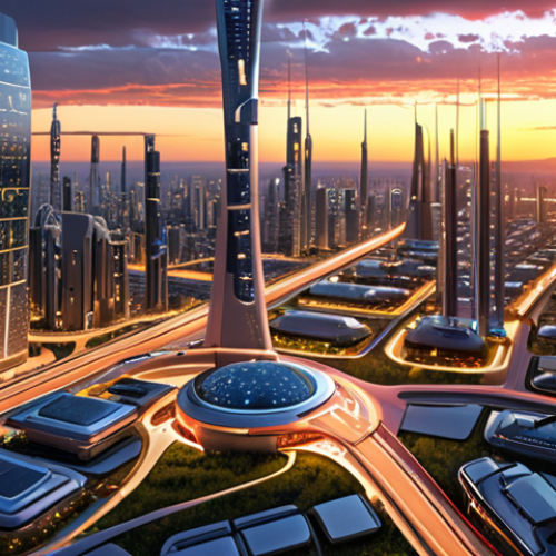 Home 6 **Prompt:** A futuristic smart city at sunset, showcasing advanced infrastructure, data streams, and happy citizens interacting with technology, emphasizing energy efficiency and sustainable living.