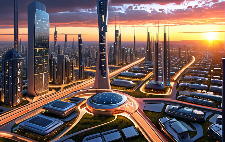 **Prompt:** A futuristic smart city at sunset, showcasing advanced infrastructure, data streams, and happy citizens interacting with technology, emphasizing energy efficiency and sustainable living.