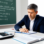 A dedicated professional, mid-thirties, fully clothed in a modest, smart business casual outfit, sitting upright at a clean desk. They are intently focused on an open textbook and a laptop displaying complex financial data. One hand rests on a calculator, suggesting problem-solving. Their expression is thoughtful and determined, conveying deep concentration and the process of grasping complex concepts. The setting is a well-lit, modern study space or a quiet corner of a professional office. The background features neatly arranged financial textbooks, a stack of binders, and a subtle whiteboard with some economic formulas or flowcharts. The overall atmosphere is one of serious academic pursuit and clarity. Professional photography, high resolution, soft natural lighting. perfect anatomy, correct proportions, well-formed hands, proper finger count, natural body proportions, natural pose. safe for work, appropriate content, fully clothed, professional, family-friendly.