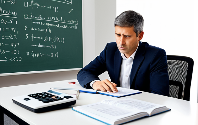 A dedicated professional, mid-thirties, fully clothed in a modest, smart business casual outfit, sitting upright at a clean desk. They are intently focused on an open textbook and a laptop displaying complex financial data. One hand rests on a calculator, suggesting problem-solving. Their expression is thoughtful and determined, conveying deep concentration and the process of grasping complex concepts. The setting is a well-lit, modern study space or a quiet corner of a professional office. The background features neatly arranged financial textbooks, a stack of binders, and a subtle whiteboard with some economic formulas or flowcharts. The overall atmosphere is one of serious academic pursuit and clarity. Professional photography, high resolution, soft natural lighting. perfect anatomy, correct proportions, well-formed hands, proper finger count, natural body proportions, natural pose. safe for work, appropriate content, fully clothed, professional, family-friendly.